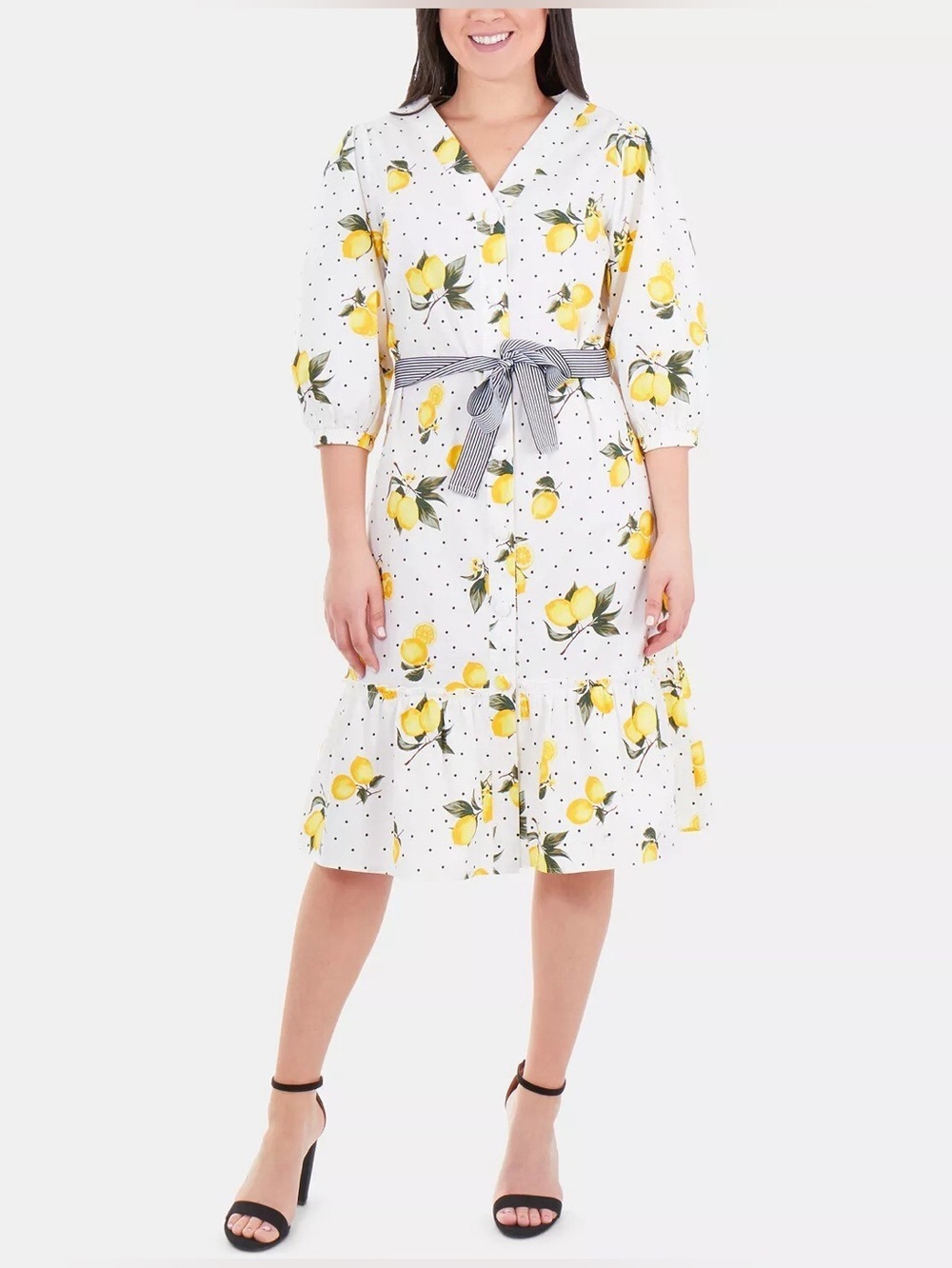 Lapis & Lillies Dress Womens Size 8 Lemon Polka Dot V-Neck Midi Tie Belt